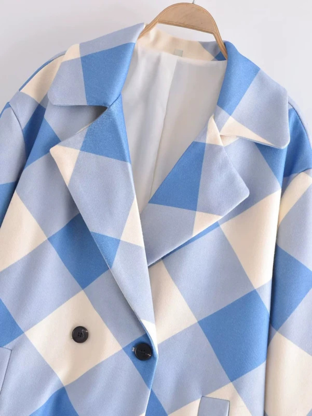 Winter Blue Plaid Mid Length Wool Coat